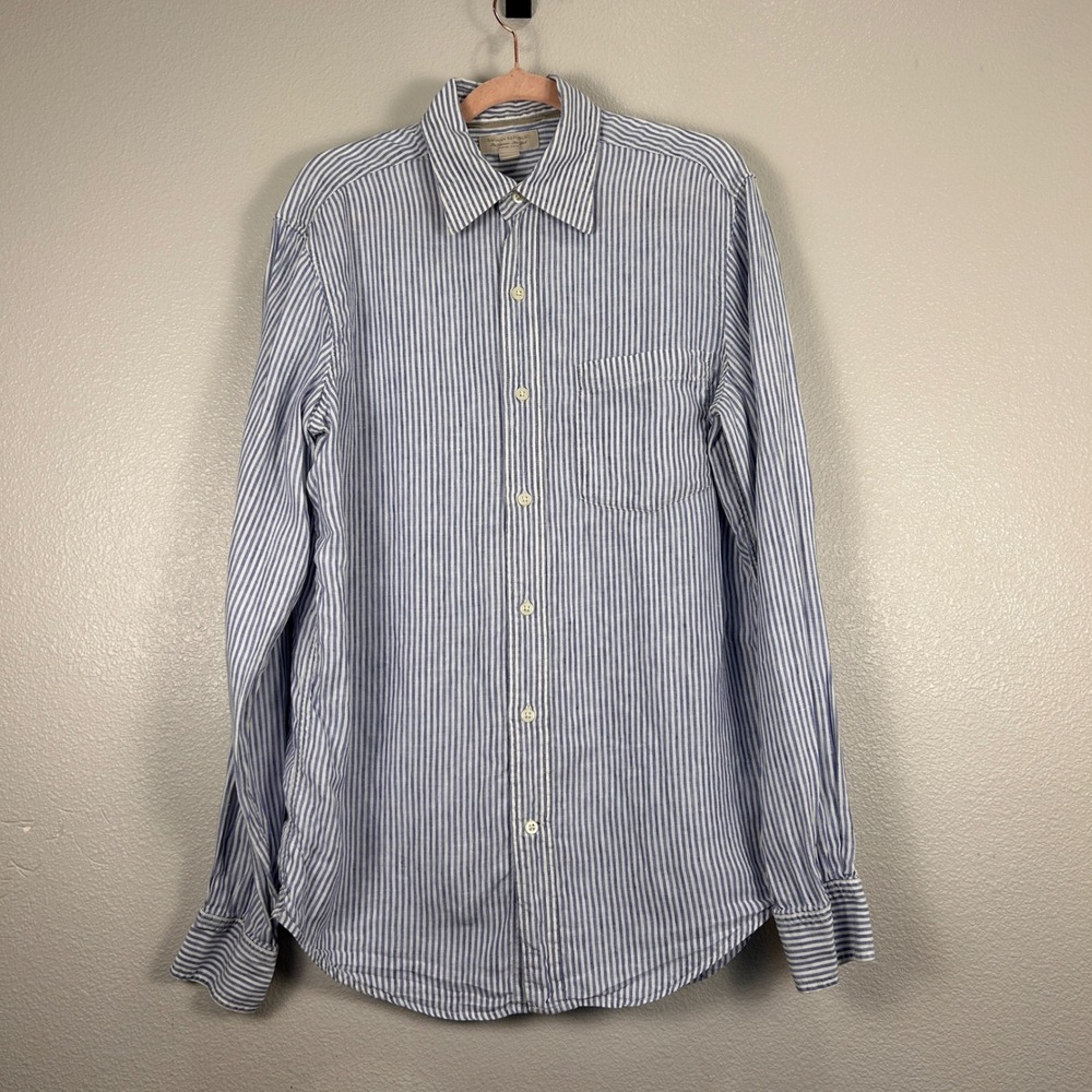 Banana Republic Mens Blue White Striped 100% Linen Button Down Shirt Small
